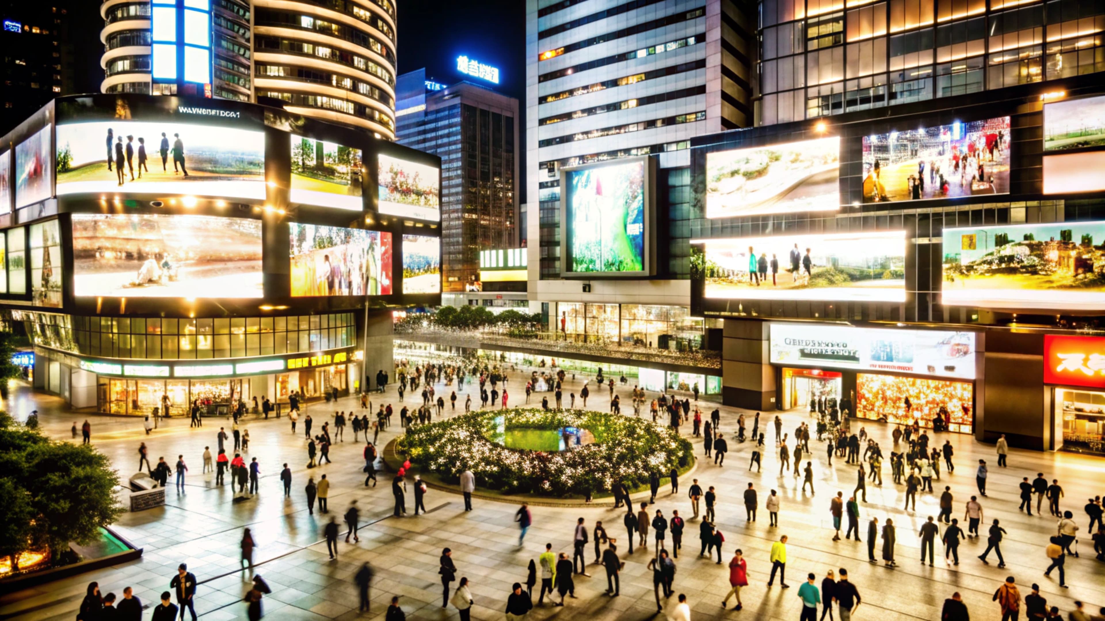 Illuminated city square at night — urban mobility media reach